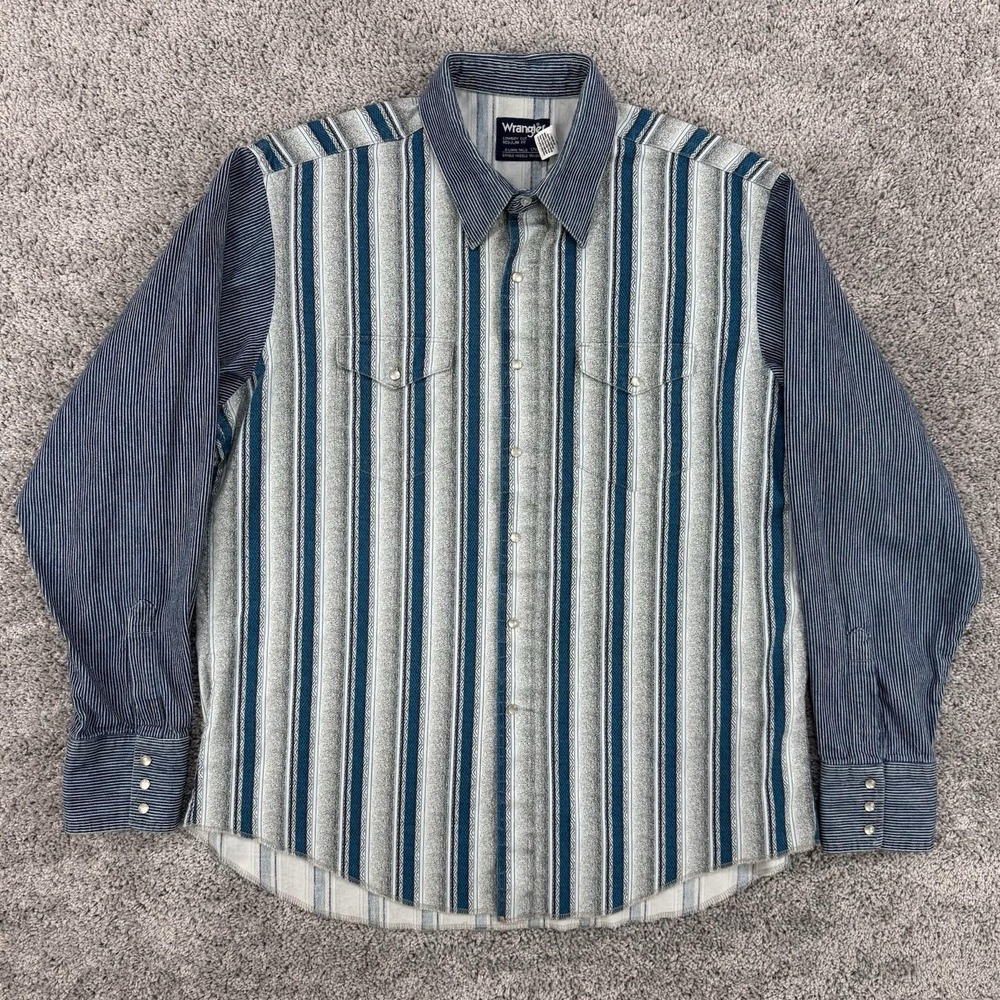 VTG Wrangler Pearl Snap Shirt Mens 17.5/36 Aztec Striped Heavy Cotton Cowboy Cut